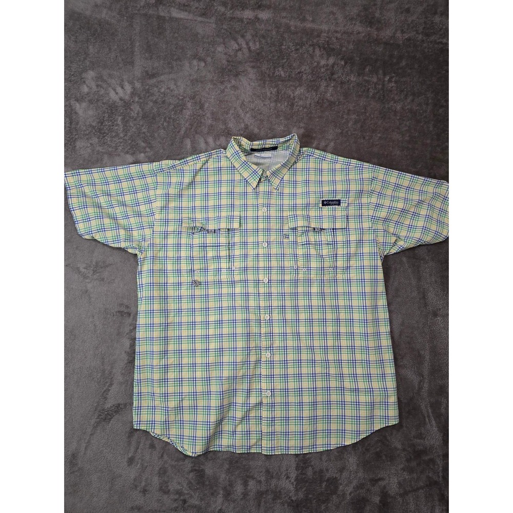 Columbia PFG Super Bahama Mens XL Plaid Short Sleeve Fishing Shirt Yellow Blue